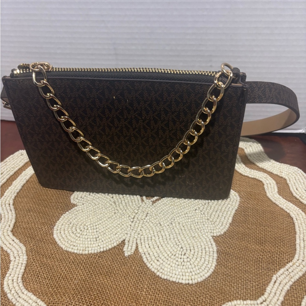 Michael Kors Dark Brown Clutch with Gold Chain